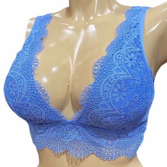 Victoria’s Secret Crochet lace deep V Unlined bralette bra blue